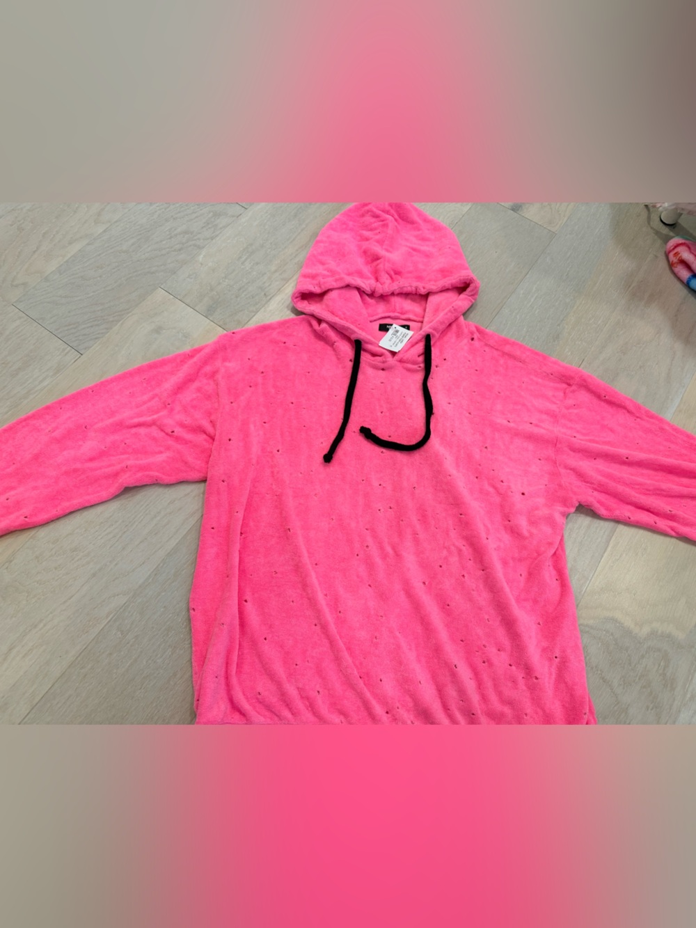 NWT Michael Lauren Hot Pink Hole Hooded Pullover with Black Drawstring